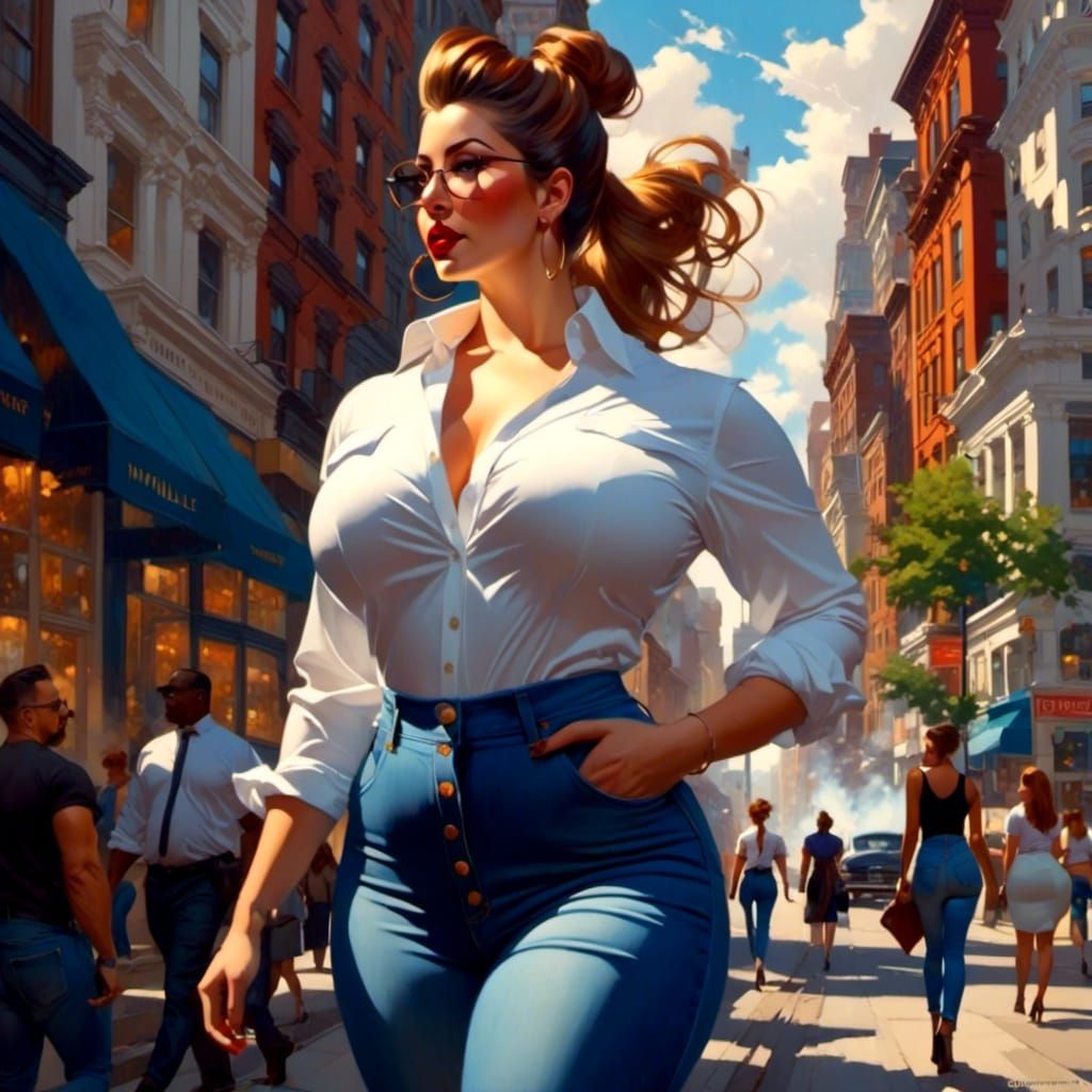 Curvy Businesswoman Walking in City, Glamour Lighting