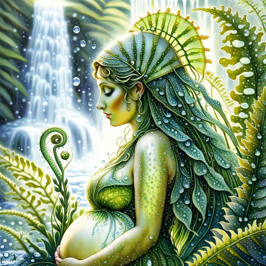 Pregnant Nymph Goddess in Pointillist Impressionism