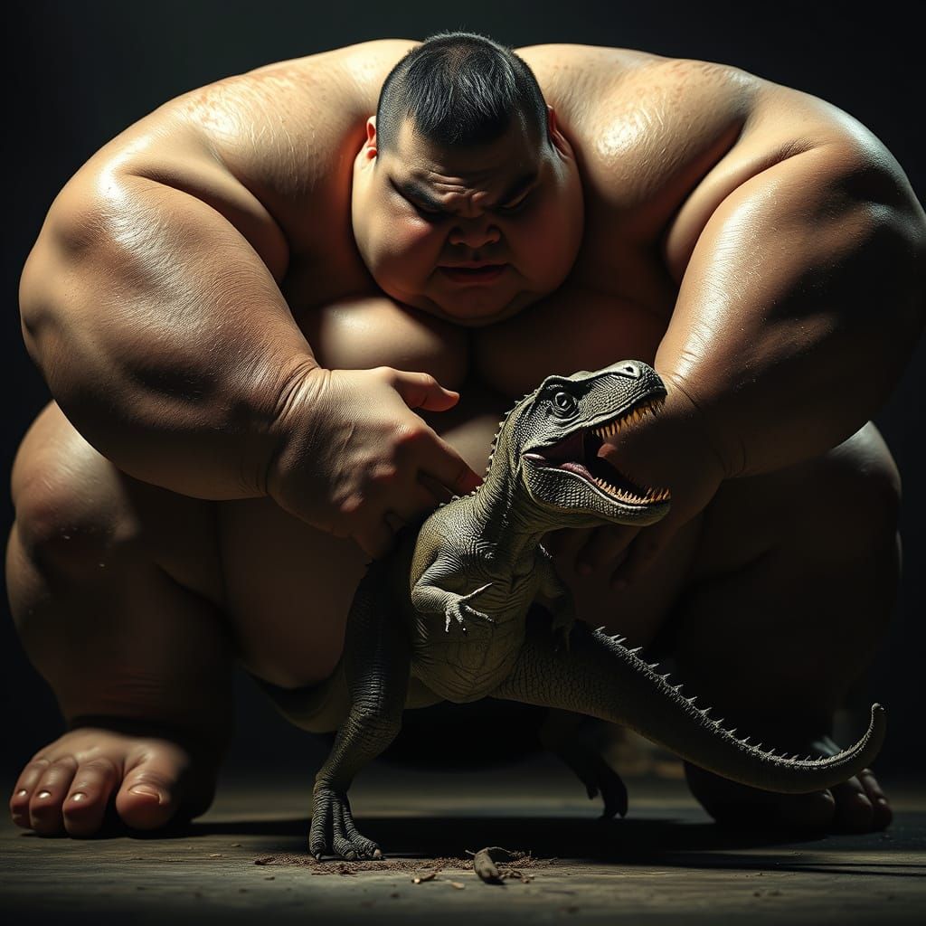Giant Sumo Wrestler Battles Tiny Dinosaur in Surreal Photo