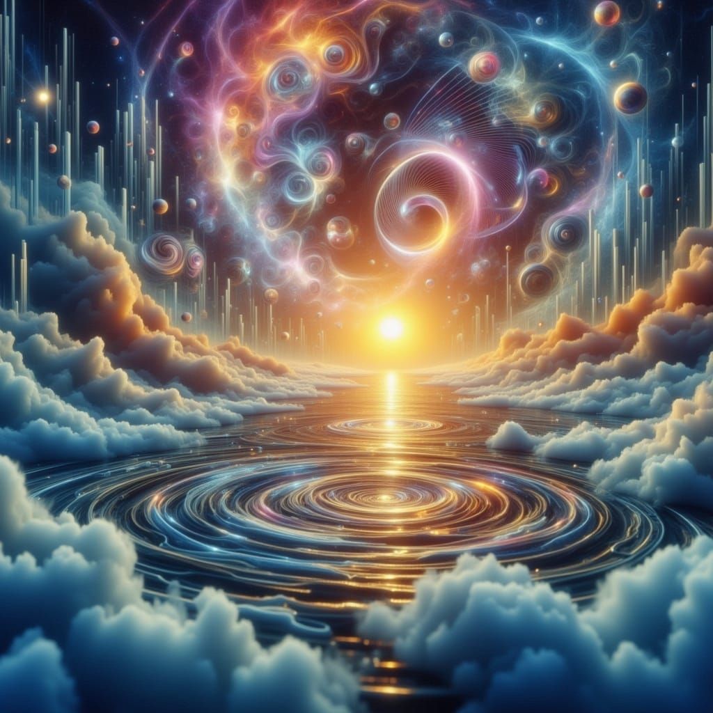 Surreal Quantum Landscape with Frozen Sun and Spiraling Towe...