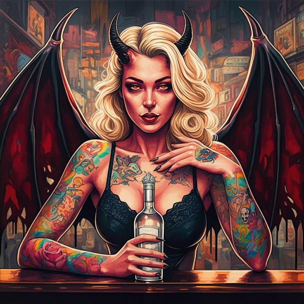 Temptress Demon with Vodka in Cyberpunk Style