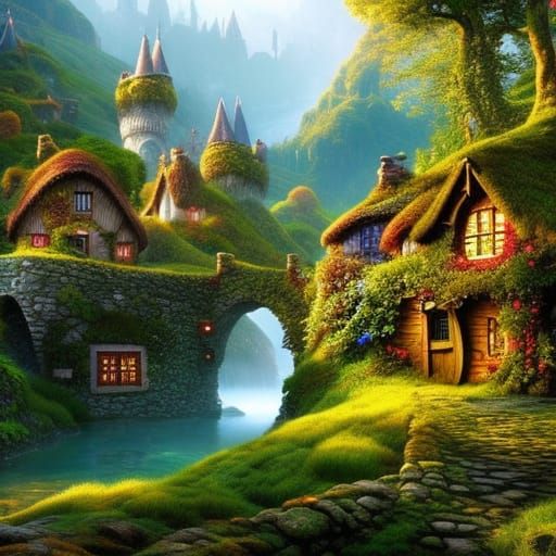 Enchanted Hobbit Village Landscape with Waterfalls