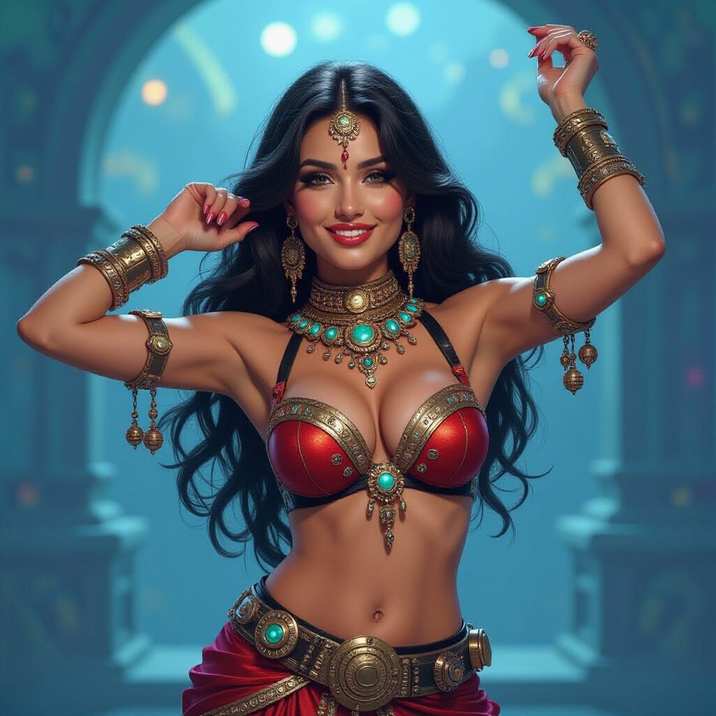 Futuristic Belly Dancer in Sci-Fi Metropolis as Pin-Up Art