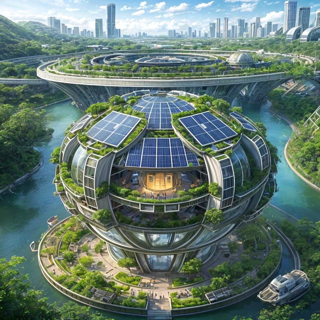 Sustainable Solarpunk Cityscape with Lush Green Architecture