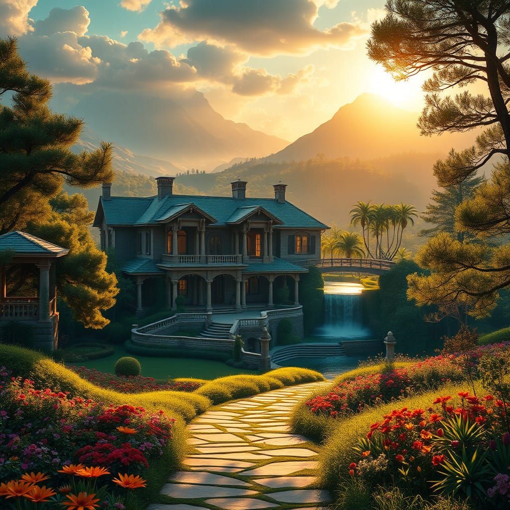 Serene Mansion Amidst Enchanting Dreamlike Landscape