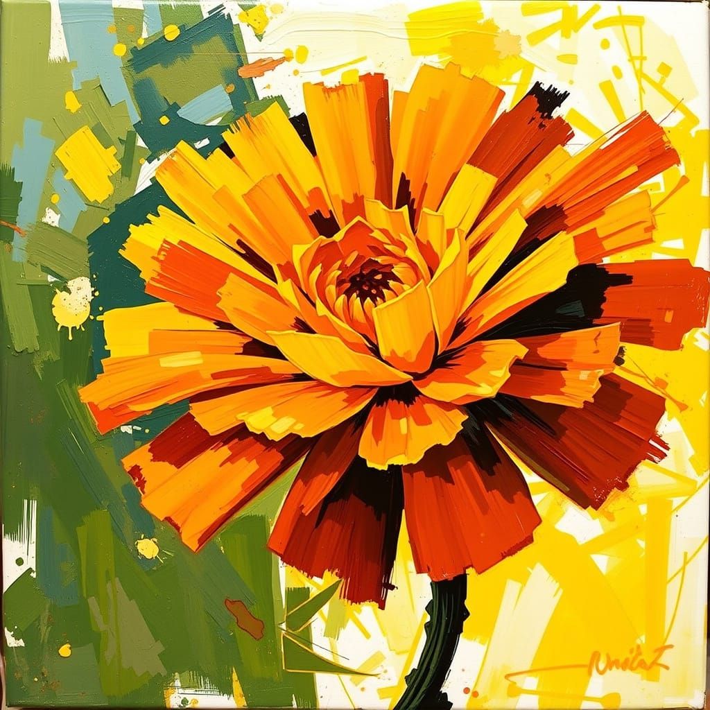 Abstract Marigold Painting with Bold Strokes