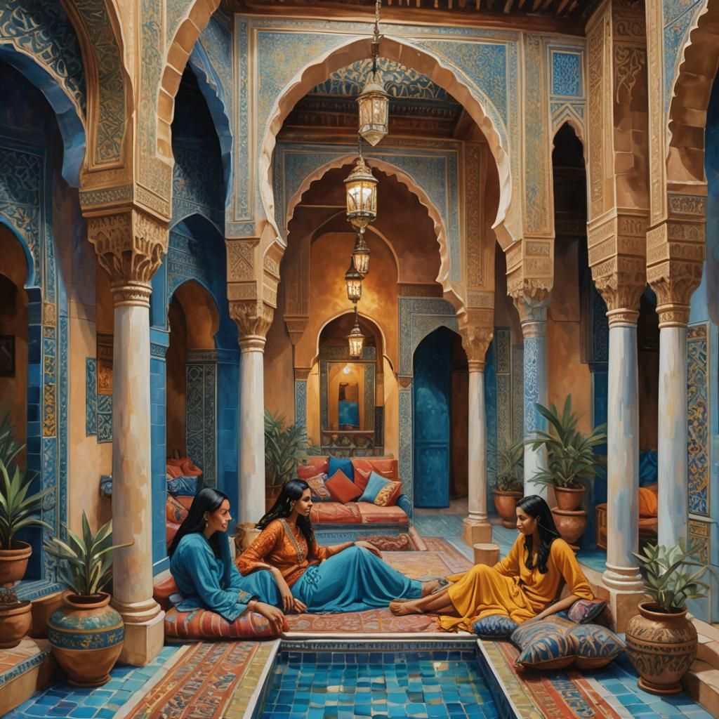 Moroccan Women Lounging in Riad: Impressionist Gouache