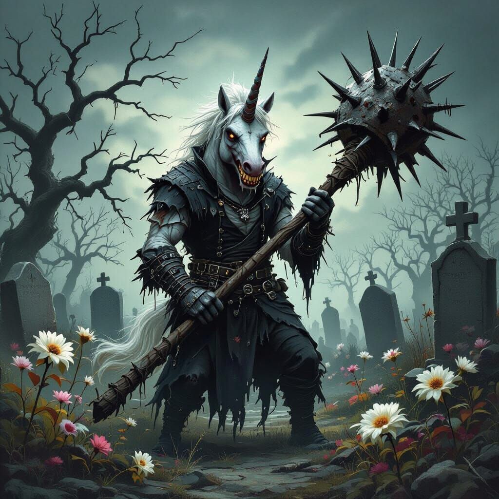 Menacing Unicorn in Cemetery with Spiked Club