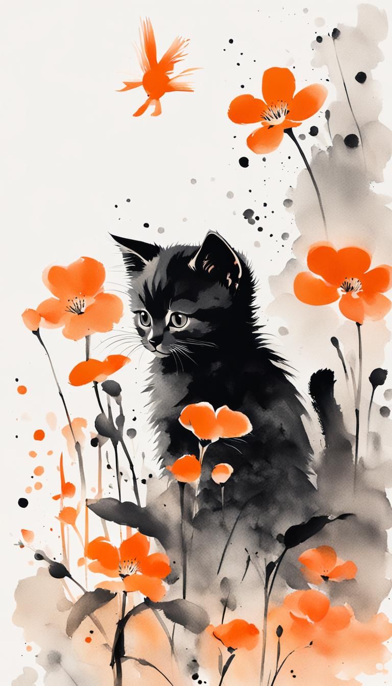 Minimalist Kitten Playing in Flower Garden