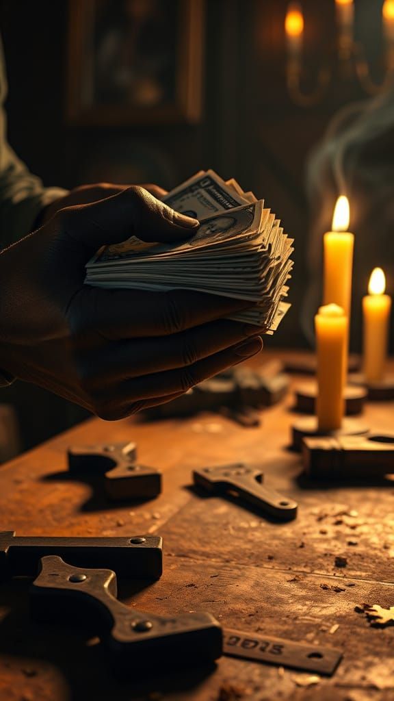 Gritty Cinematic Still of a Nervous Informant Counting Stack...