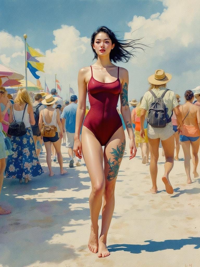 Woman in Maroon Swimsuit on Boardwalk, Folk Art Style