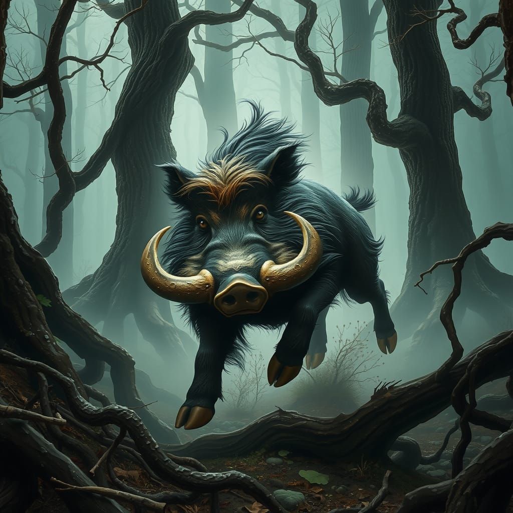 Ferocious Boar Charges Through Misty Forest
