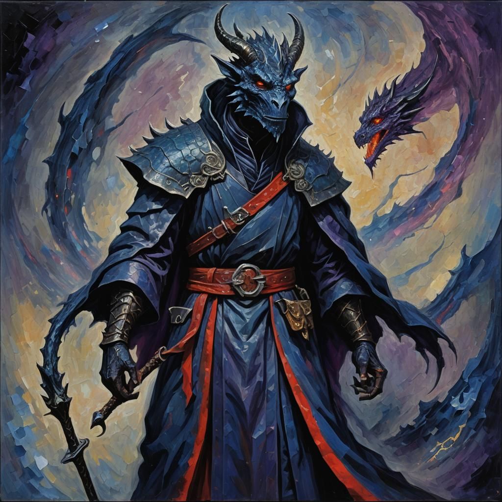 Black Dragonborn Wizard Portrait in Expressionist Oil Painti...