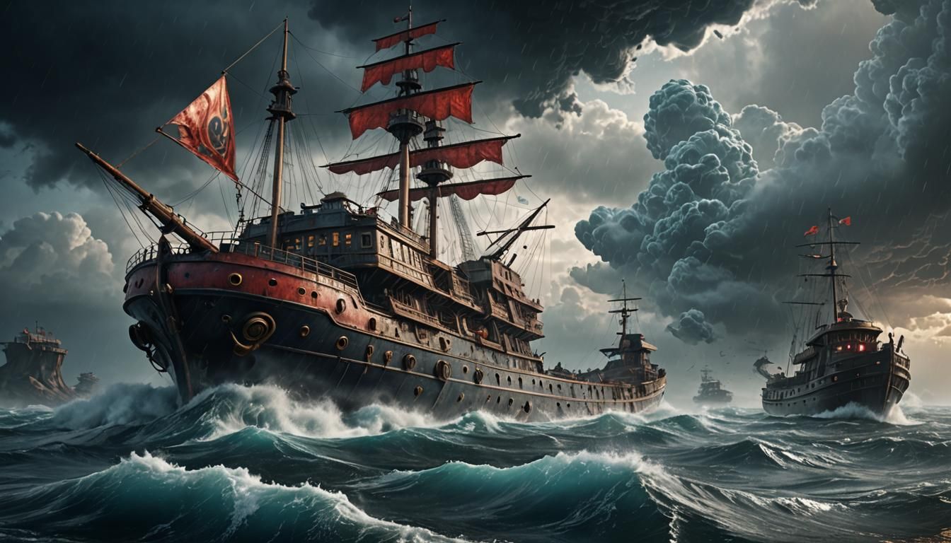 Dystopian Warship Houseboat Amidst Raging Storm