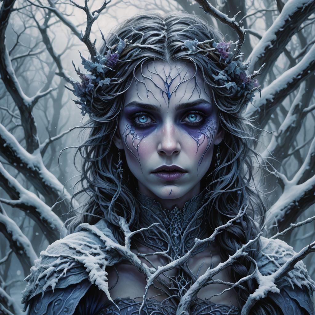 Winter Fae Woman in Dark Fantasy Illustration