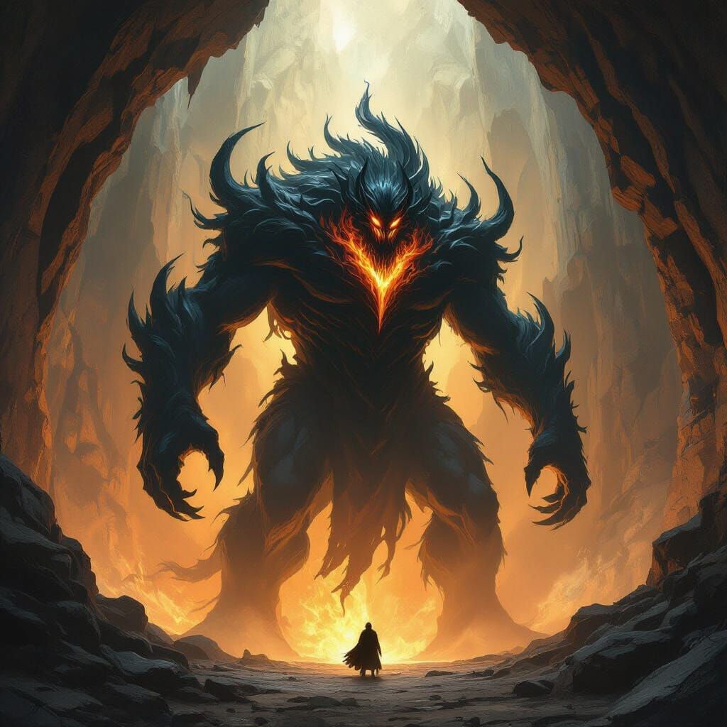 Colossal Shadow and Flame Creature in Cavern, Allan Lee Styl...