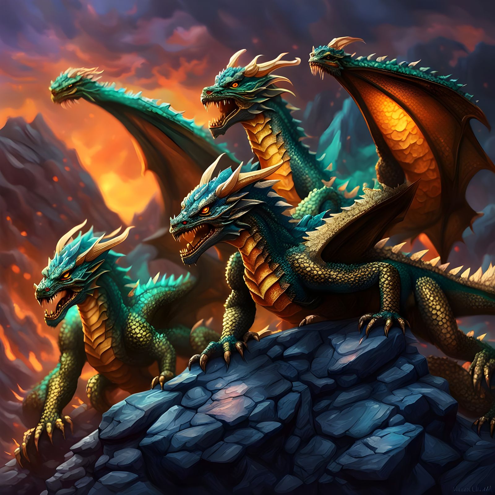 Hyperrealistic Green Dragon Family Portrait in Vibrant Color...