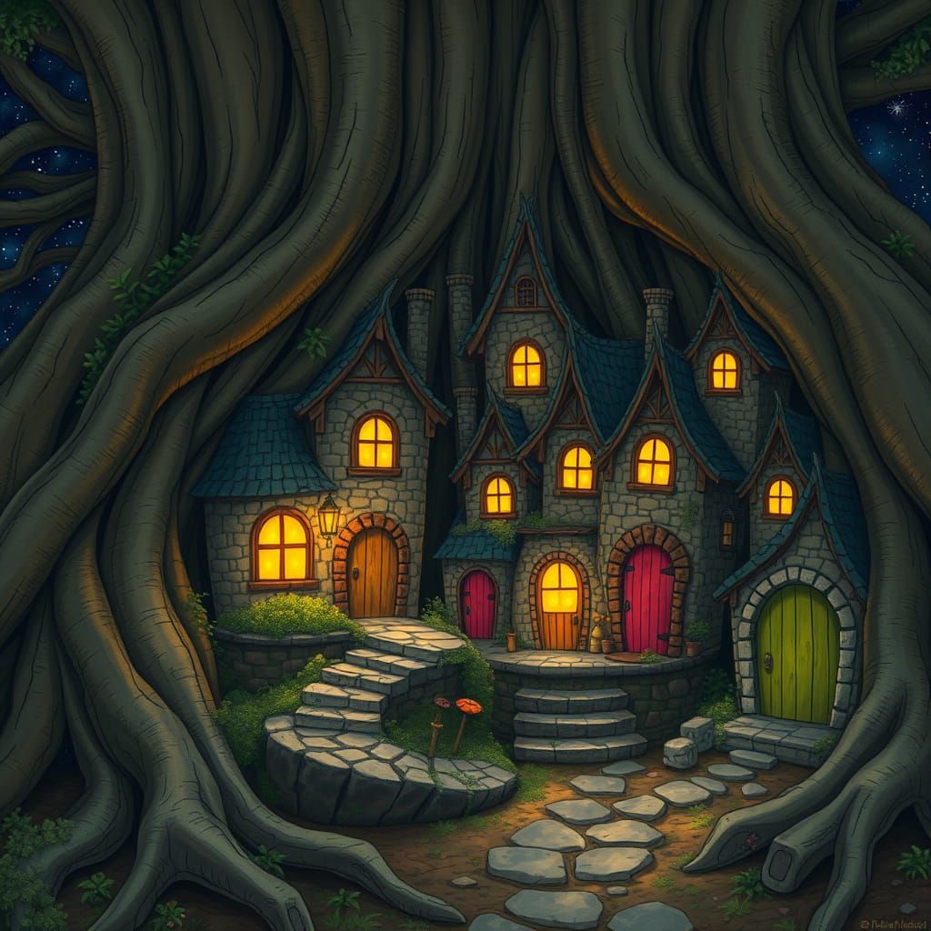 Enchanted Tree Root Village Under Starry Skies