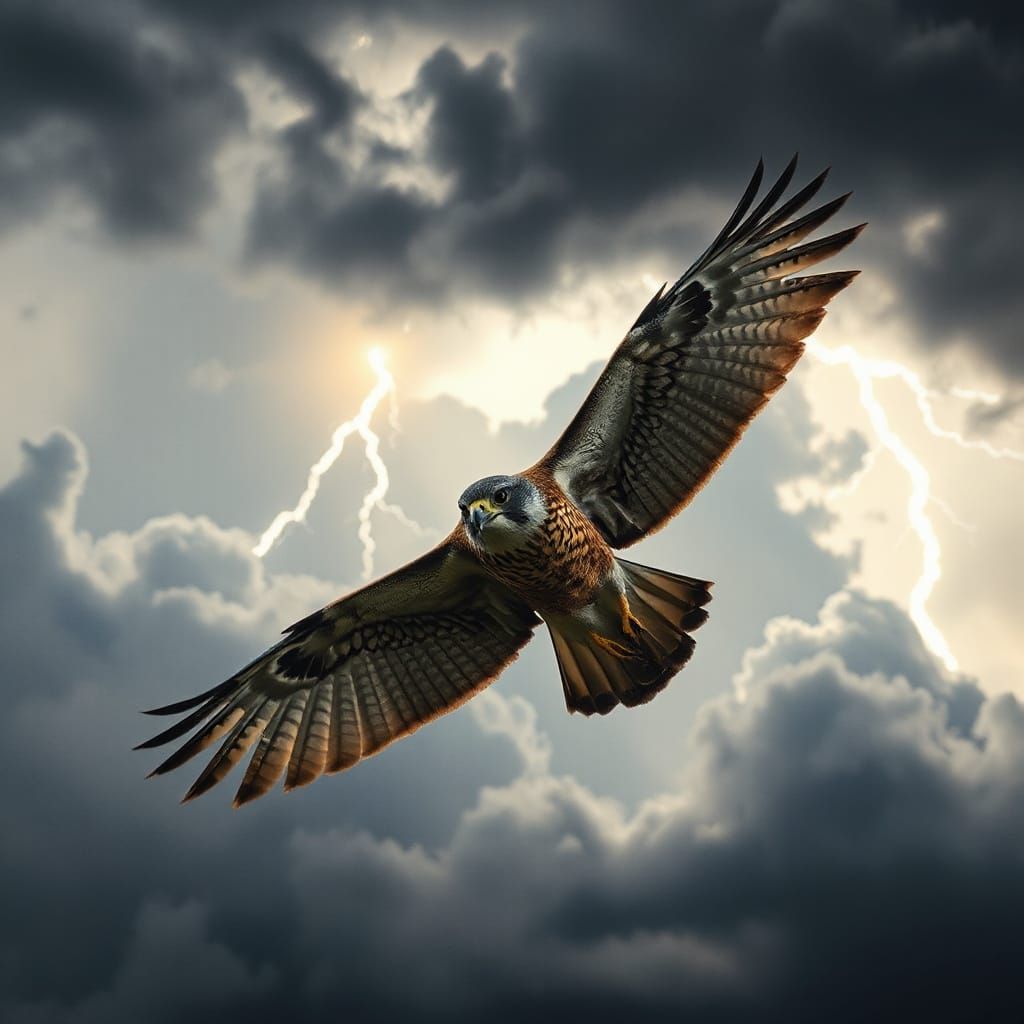 Falcon Soaring Through Stormy Sky in Cinematic Style