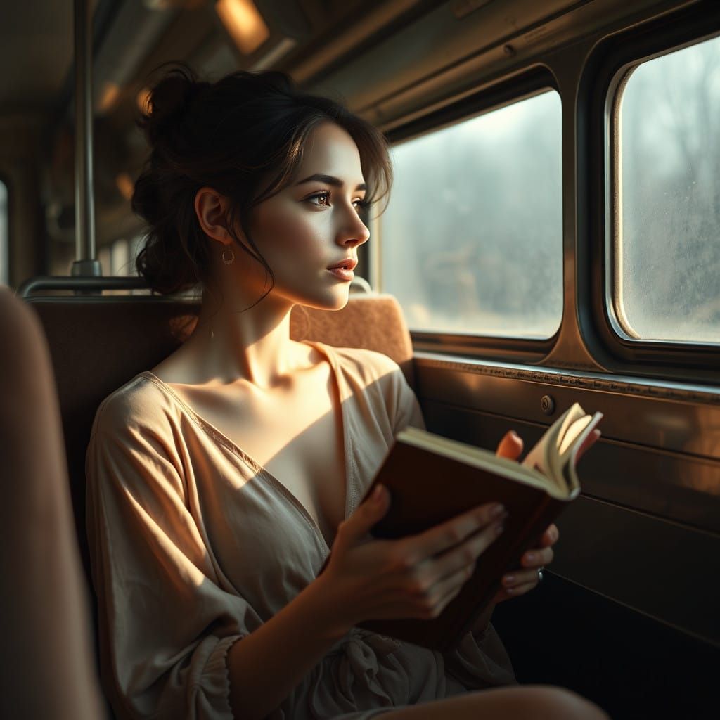 Elegant Woman Lost in Thought on Industrial Train