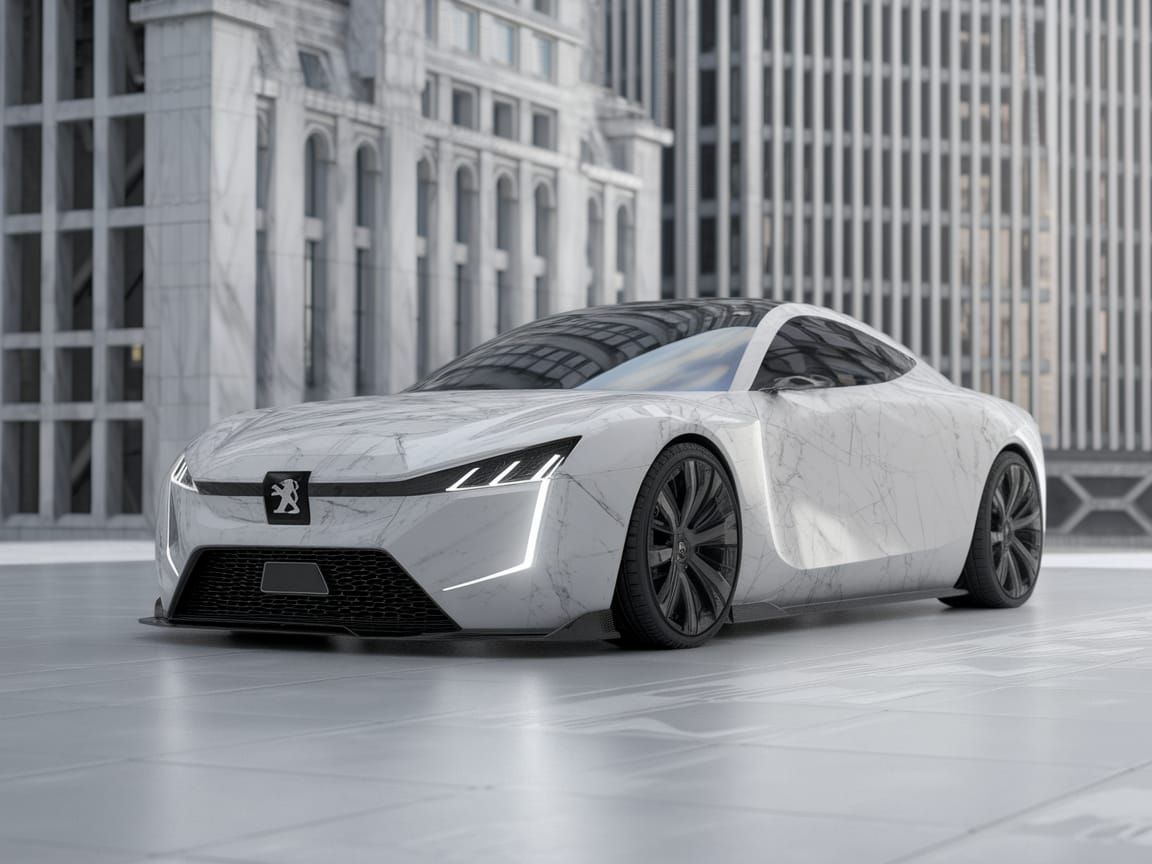 White Marble Peugeot Coupé Concept in Futuristic Cityscape