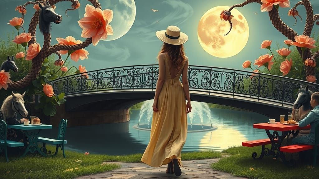 Dreamscape: Woman Walks to Bridge in Surreal Garden