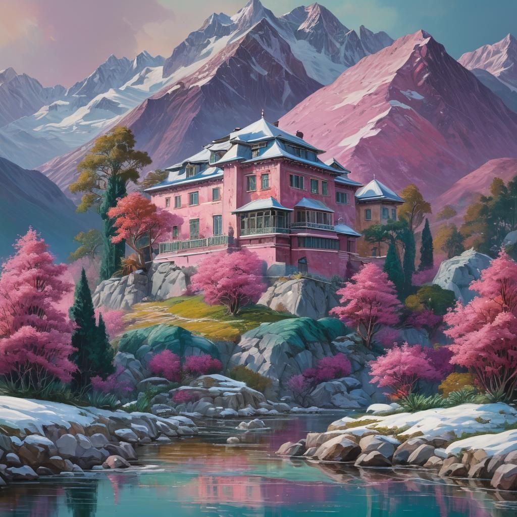 Alpine Mansion in Neo-Impressionist Oil Painting Style