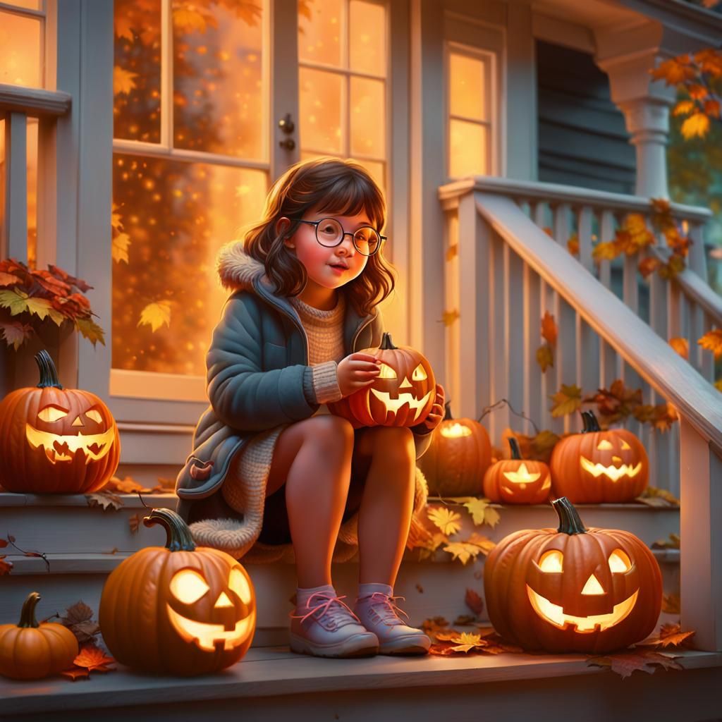 Ethereal Autumn Scene: Girl Carving Pumpkin