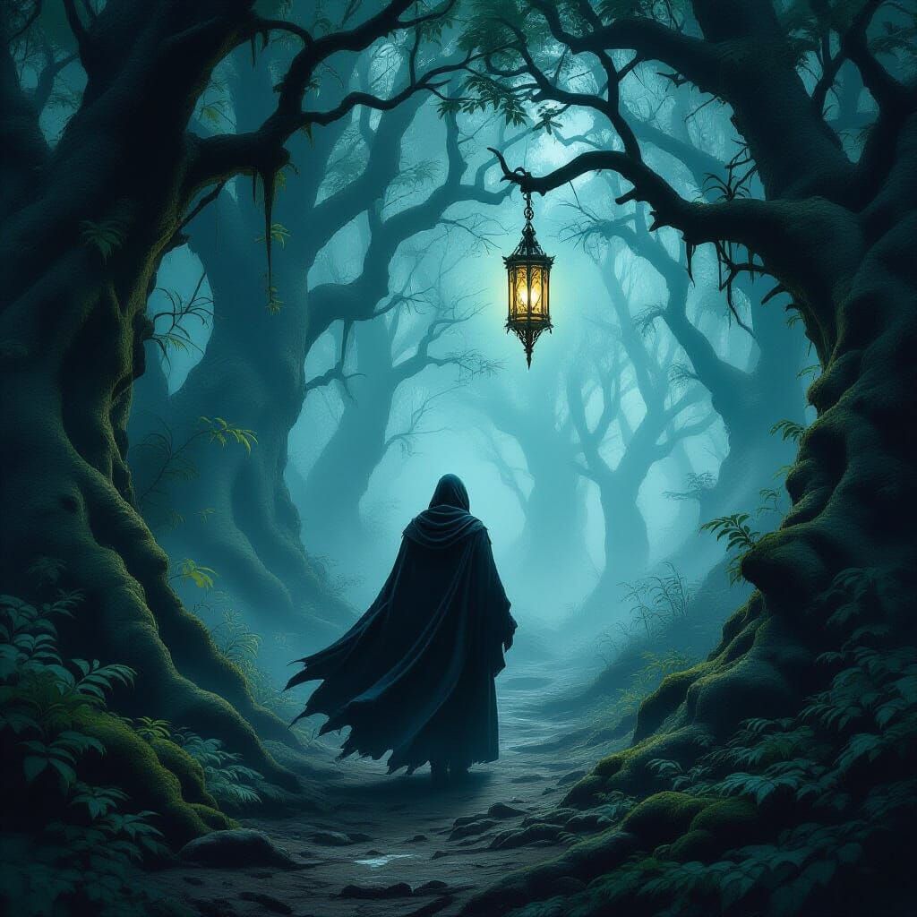Cloaked Figure in Misty Forest with Lantern