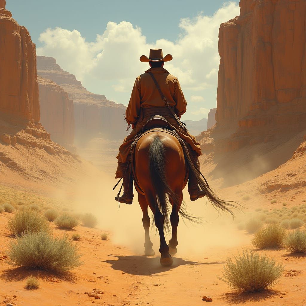Majestic Cowboy Rides Through Golden Canyon Landscape