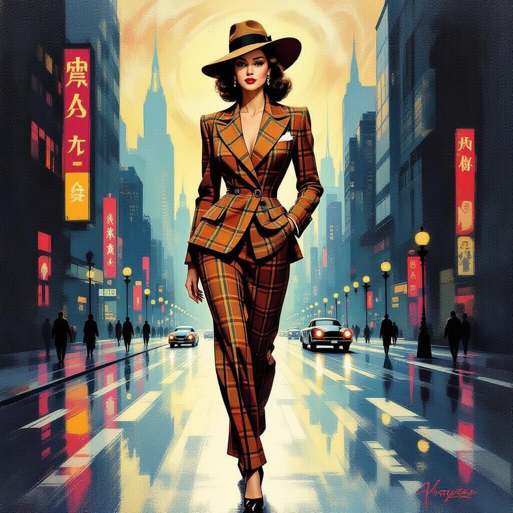 Elegant Woman in Retro-Futuristic Cityscape