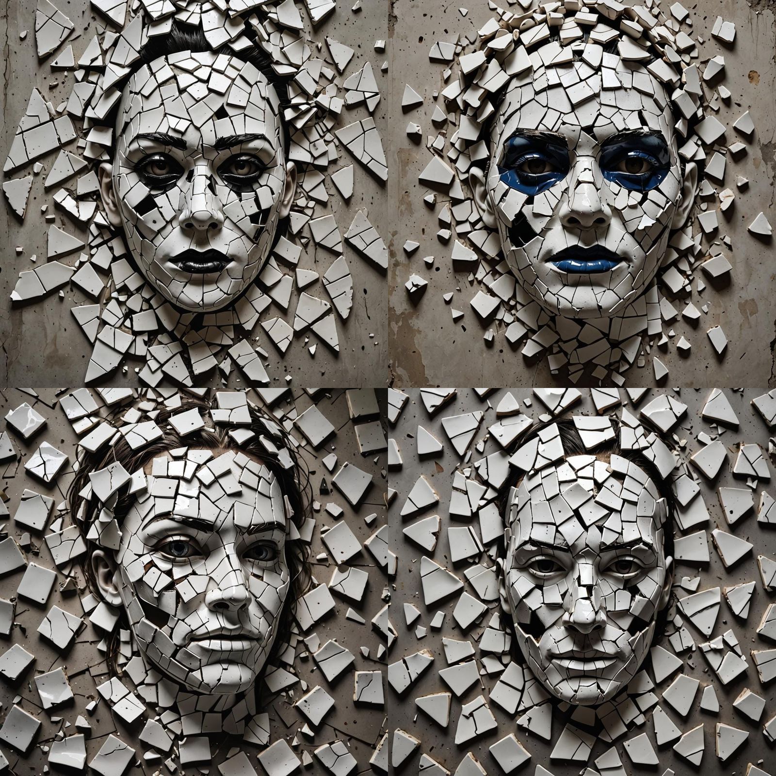 A shattered ceramic face mask, dramatic, creepy