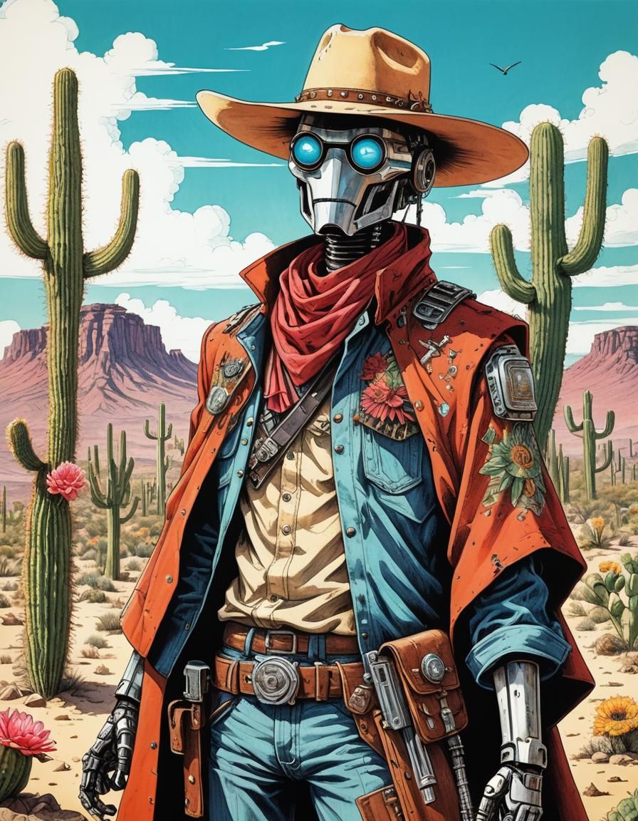 Robot Gunslinger in Dystopian Manga Style