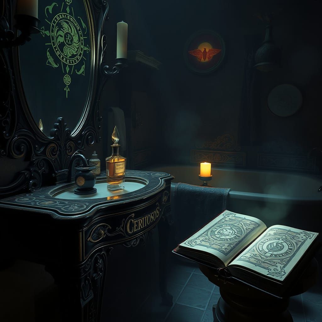 Mystical Bathroom Scene with Baroque Perfume Bottle and Anci...