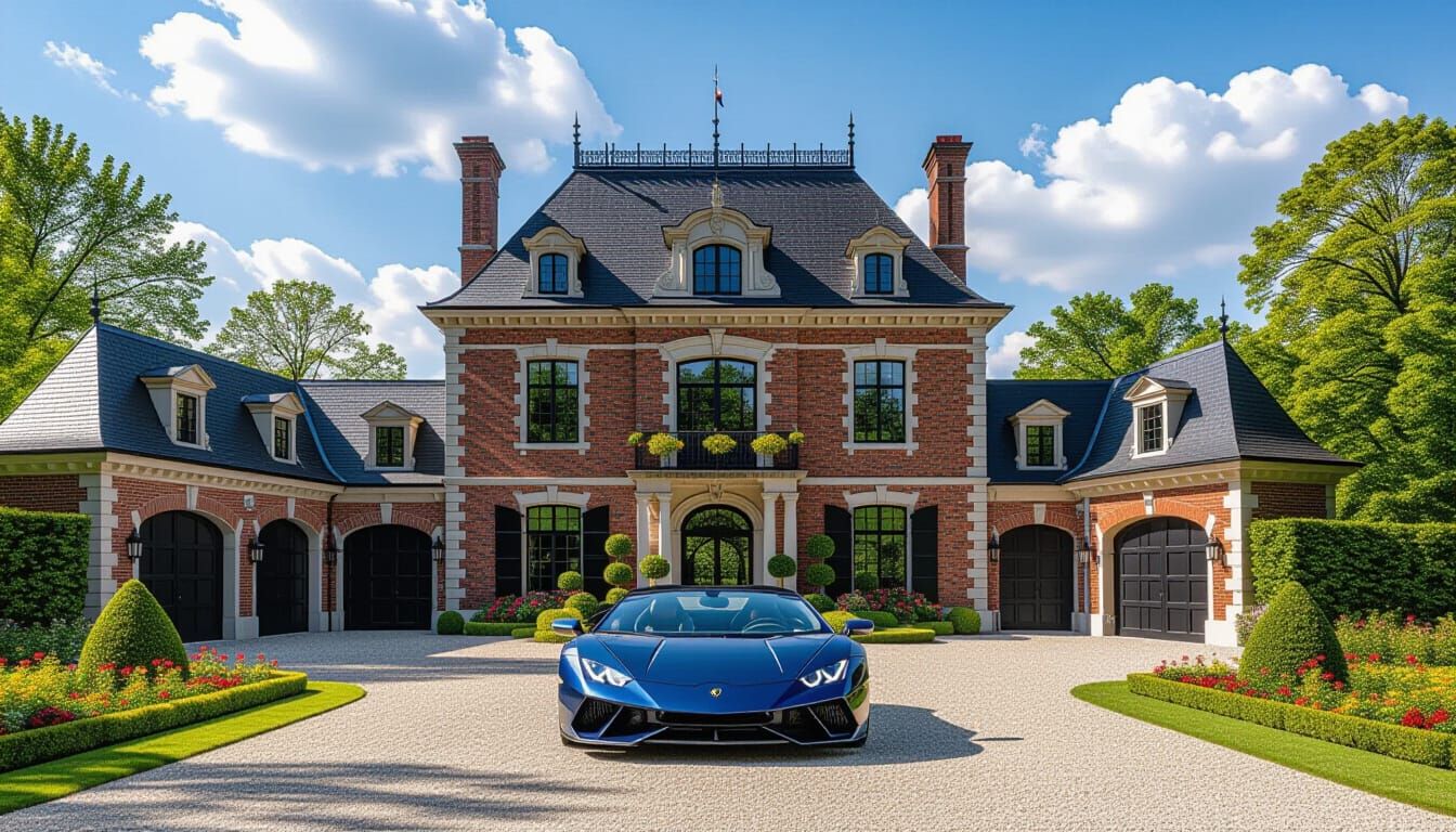 Victorian Chateau with Lamborghini in Summer Garden