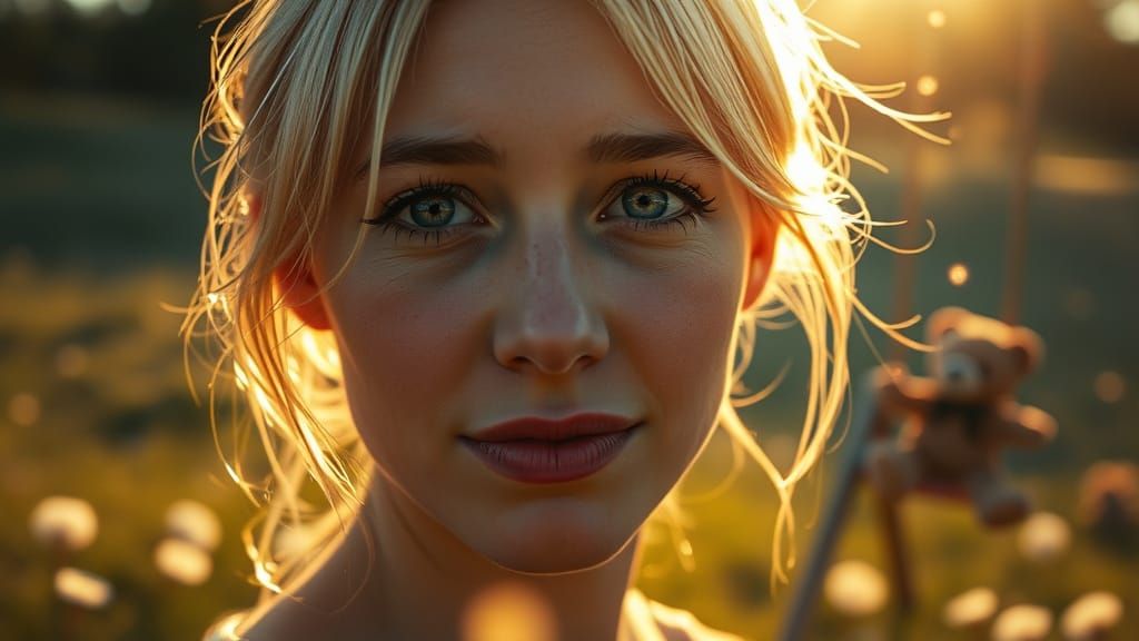 A girl's face (25-30 years old) with open eyes, a single gli...