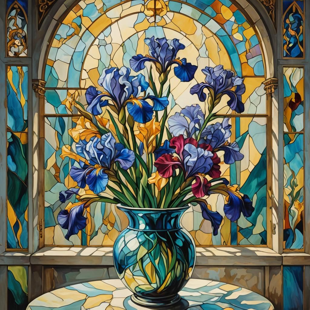 Surreal Iris Flowers with Stained Glass Window