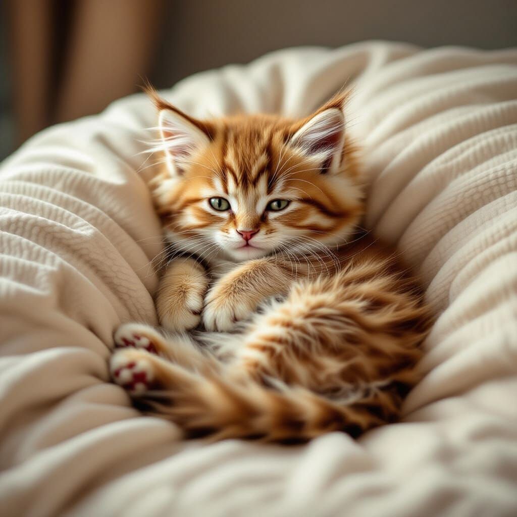 Tiny Brown Kitten on Cozy Sofa