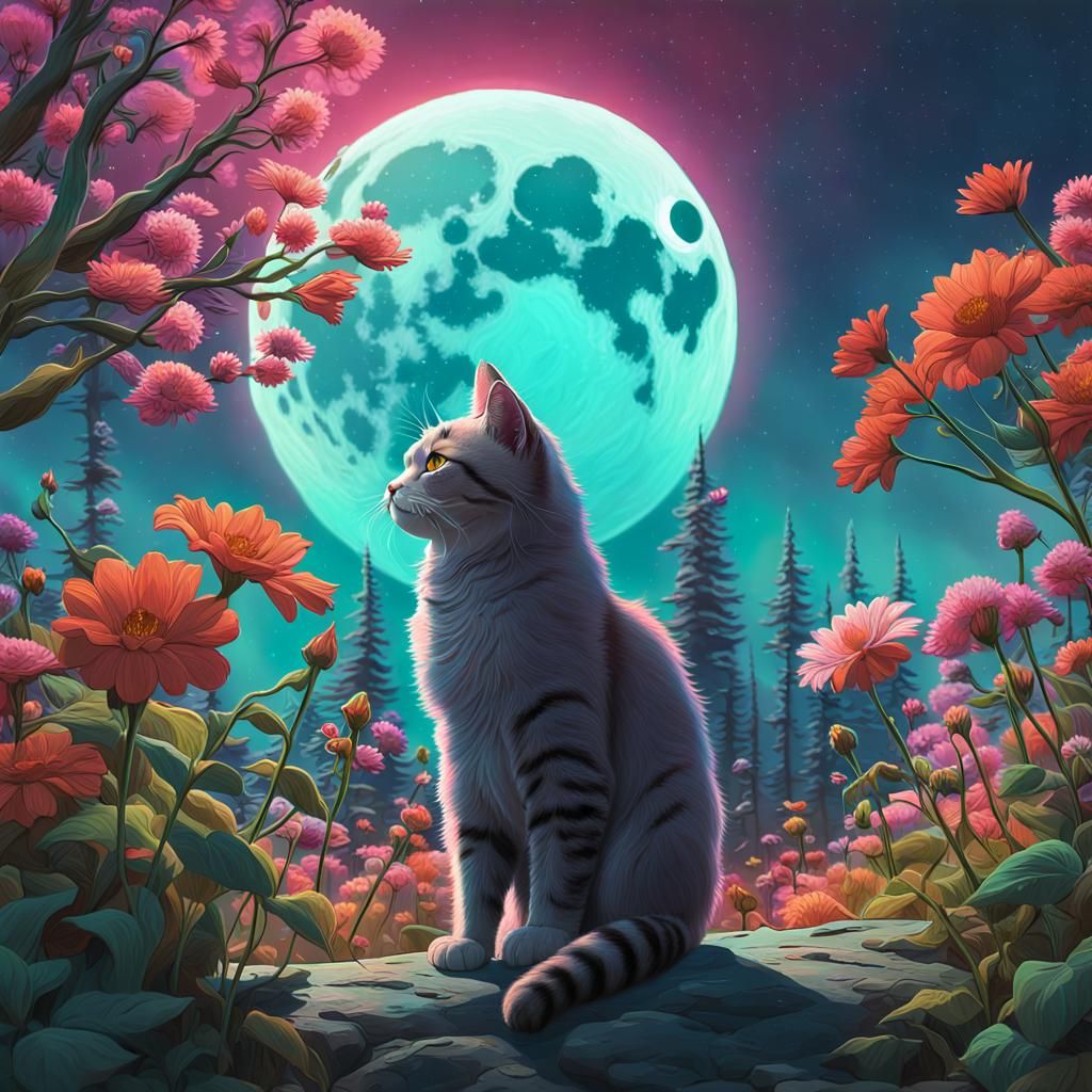 Mystical Cat in Aurora Garden: Digital Matte Painting