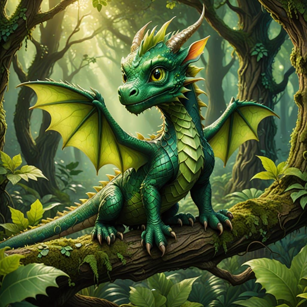 Cute Baby Dragon in Enchanted Forest Illustration