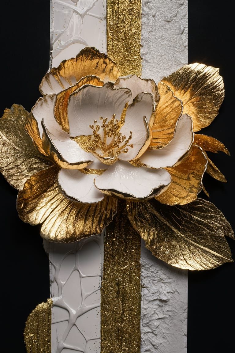 Golden Sakura Flower: A 3D Collage in Kintsugi Style