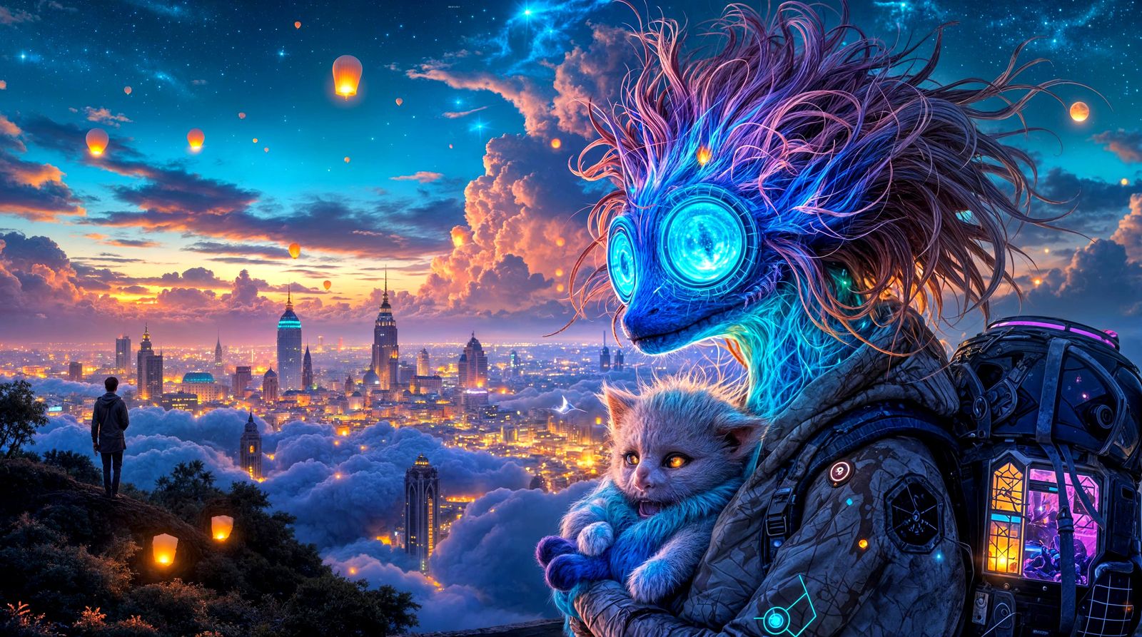 Ethereal Backpackers in Iridescent Dreamscape