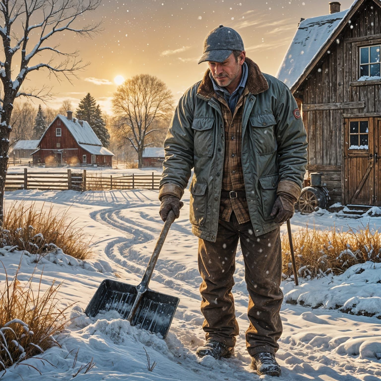 Rustic Winter Farm Scene with a Farmer in Action