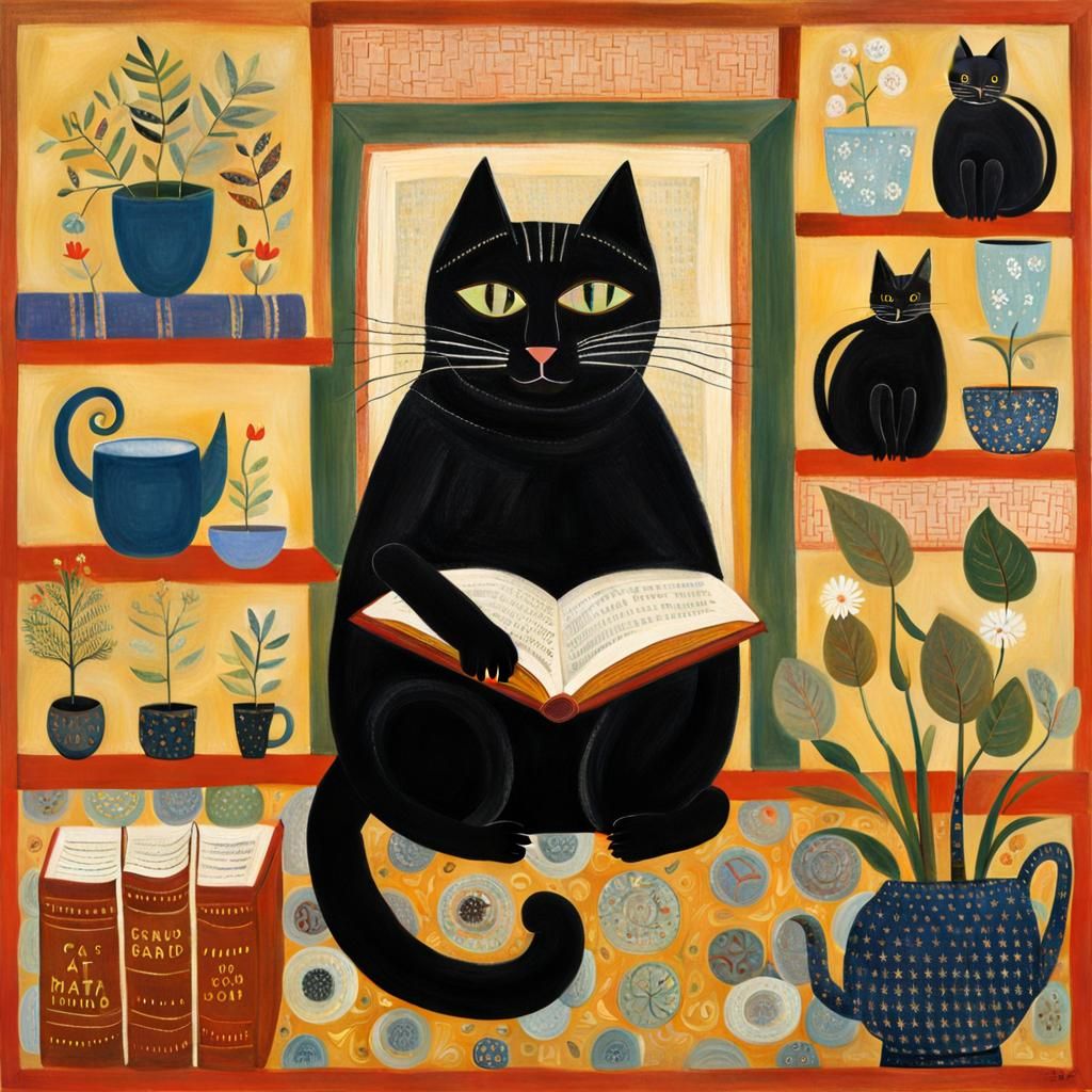 Cat Reading Book in Naive Art Style