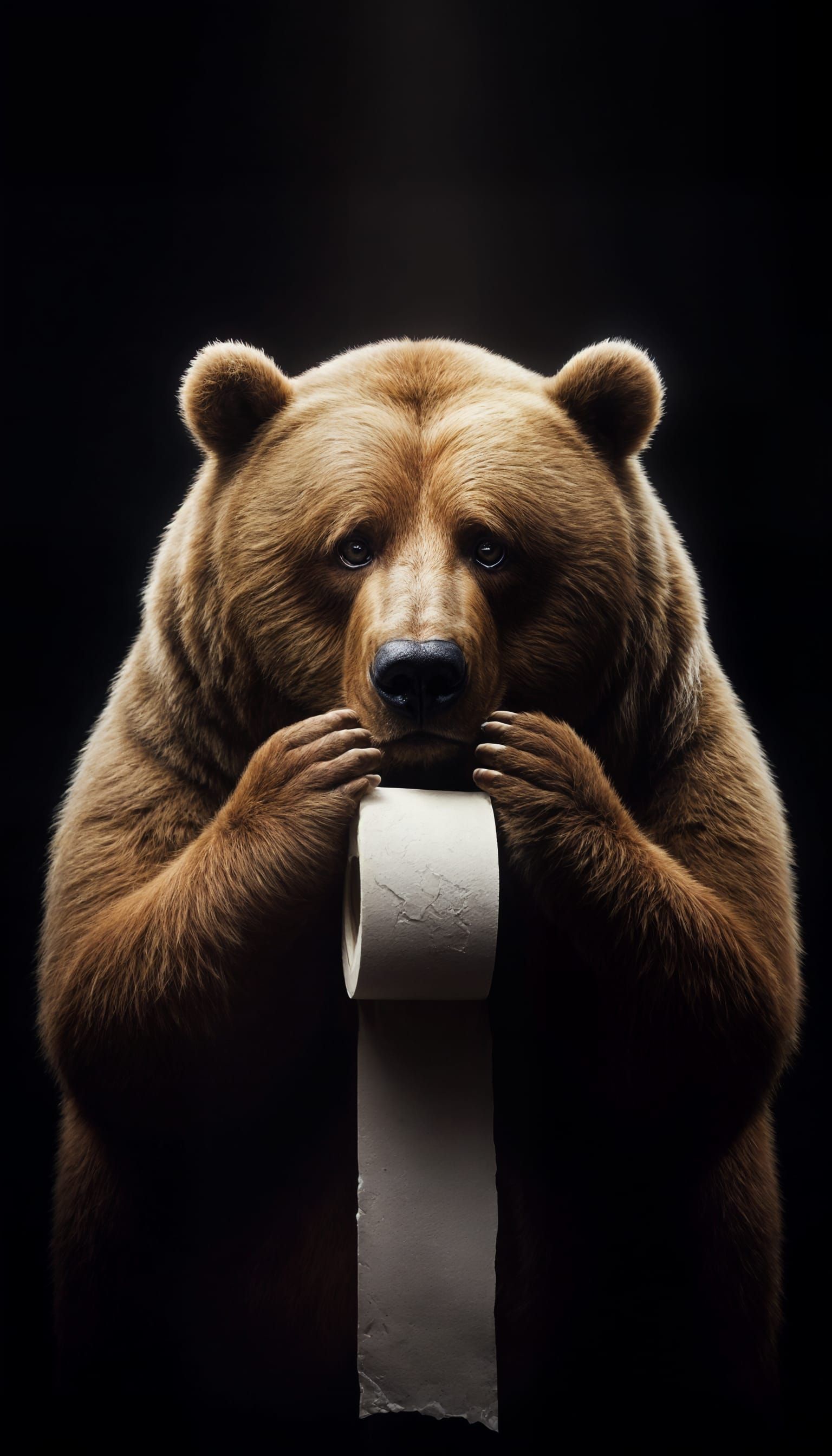 Embarrassed Kodiak Bear with Toilet Paper in Darkness