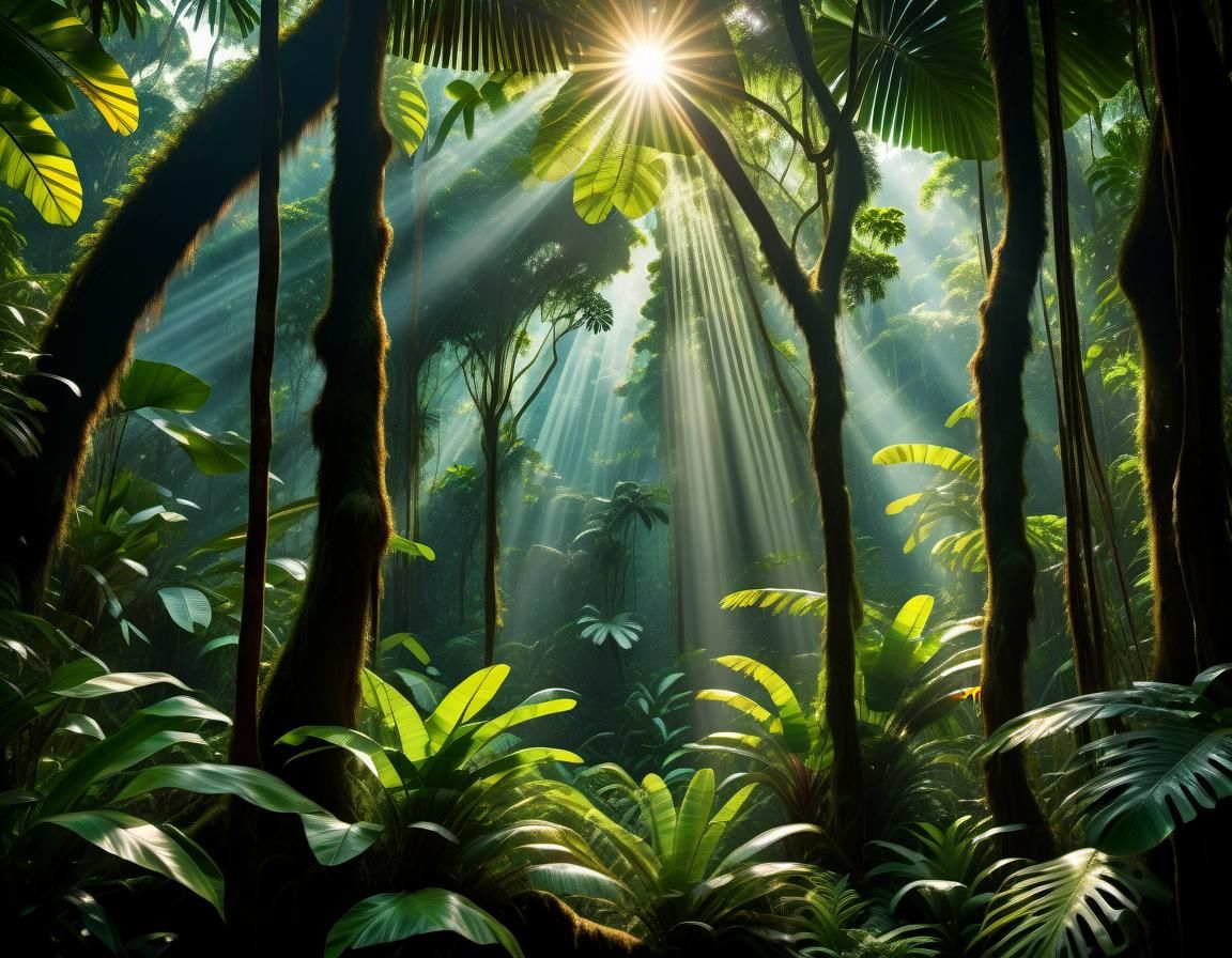sunlight filtering through the dense rainforest canopy,