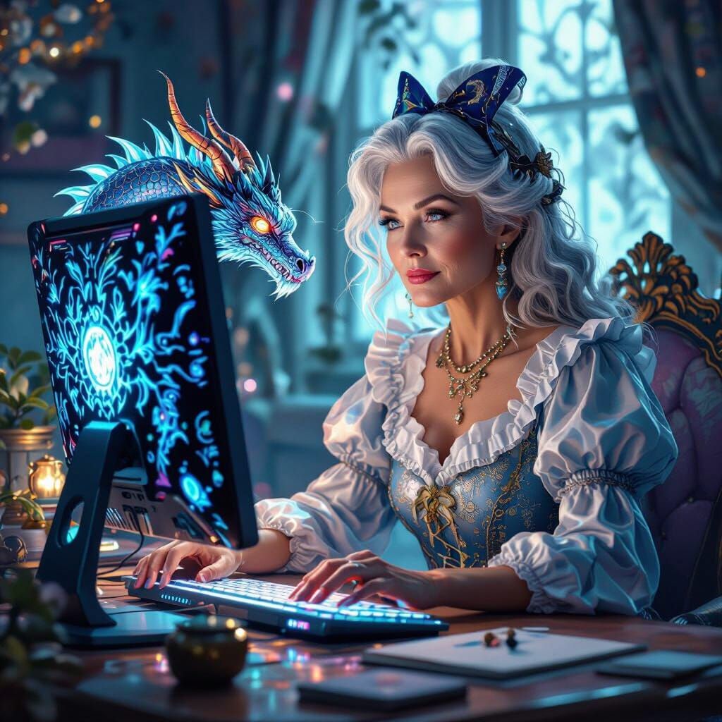 Mature Alice at Bioluminescent Dragon Computer