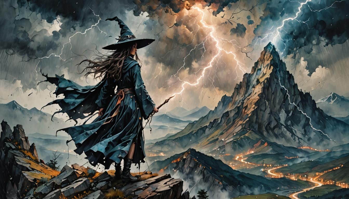 Beautiful Witch Conjuring a Lightning Storm