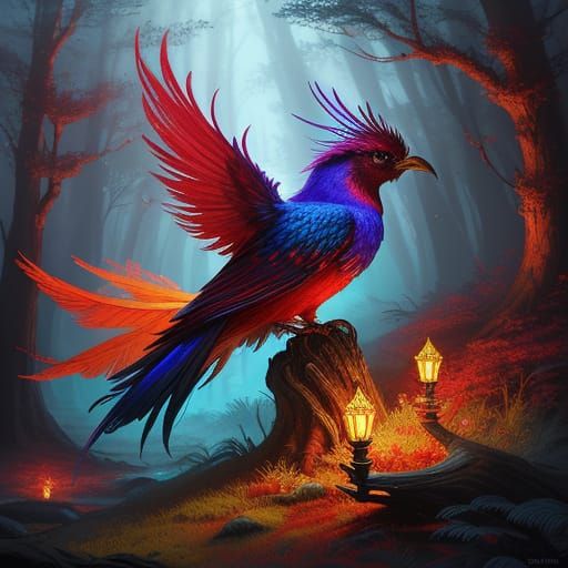 Mystical Creature on Glowing Embers in Fantasy Forest