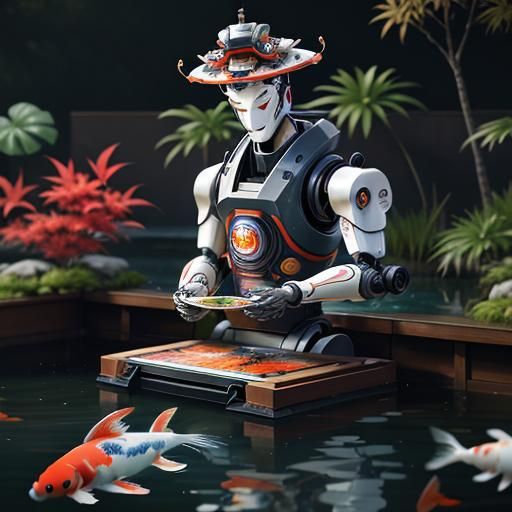 Robot Feeding Koi in Ukiyo-e Style Painting